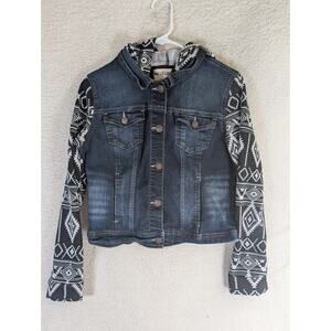 Wallflower Denim Jean Jacket Womens Large Blue Aztec Sleeves Hooded Boho READ